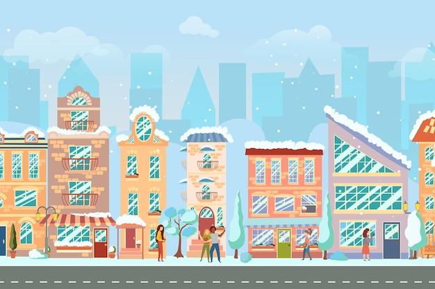 Calle de la ciudad paisaje urbano panorámico con casas luminosas caminando peatones nieve tiendas y tiendas ciudad de invierno ilustración vectorial en estilo de dibujos animados