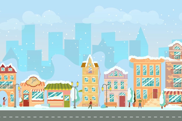 Calle de la ciudad Paisaje urbano panorámico con casas luminosas caminando peatones nieve Tiendas y tiendas Ciudad de invierno Ilustración vectorial en estilo de dibujos animados