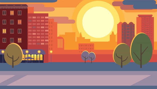 Vector calle de la ciudad durante la puesta del sol plana ilustración vectorial