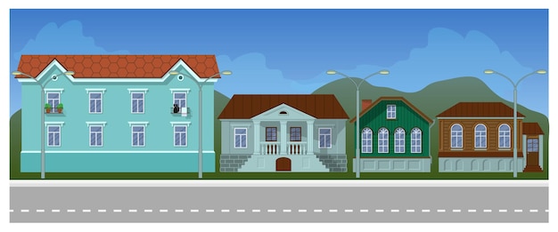 Calle con coloridas casas de campo Ilustración de vector plano de dibujos animados