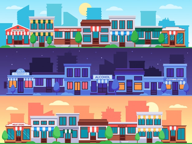 Calle de compras. Pequeño paisaje urbano de calles de tiendas, carreteras de la ciudad con tiendas de construcción y conjunto de ilustración de tiendas minoristas de la ciudad