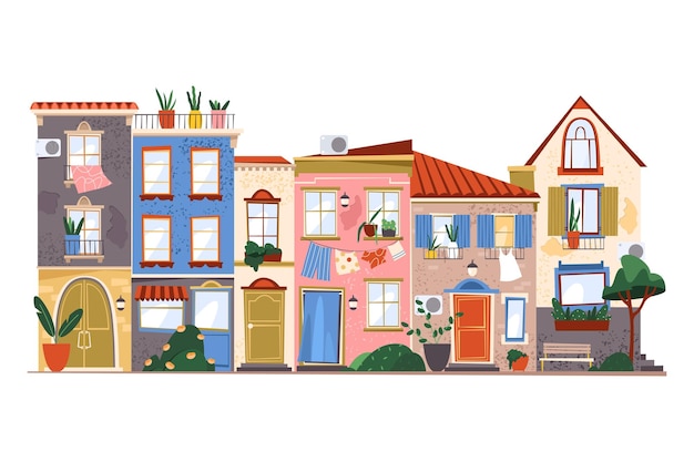 Vector calle griega con fachada de edificio ilustración vectorial fachada de grecia exterior horizontal