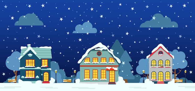 Calle de invierno con casa de campo, árboles de nieve, nubes de arbusto, tarjeta de dibujos animados plana. Feliz Navidad y feliz año nuevo pancarta horizontal panorámica. Paisaje urbano