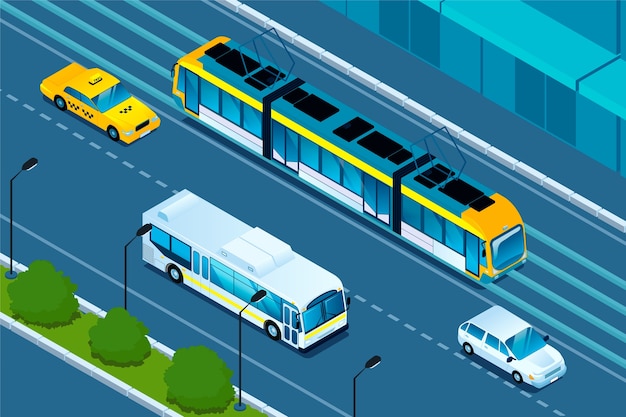 Calle isométrica con transporte