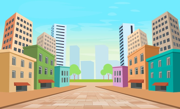 Vector calle de la perspectiva de la ciudad con vista panorámica de las fachadas de las casas. paisaje de colores.