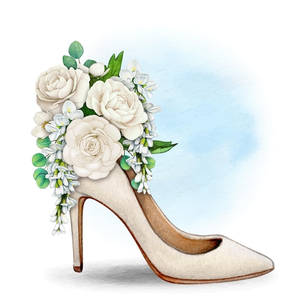 Calzado de boda floral dibujado a mano en acuarela