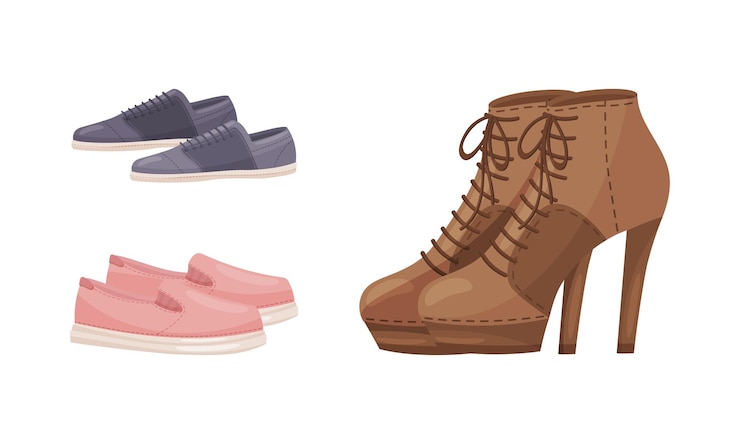 Vector calzado con botas de tobillo de tacón alto para mujeres y zapatillas de deporte con cordones de zapatos vector set