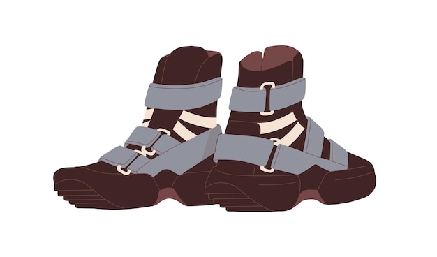 Calzado de caña alta, zapatillas de trekking. Zapatos deportivos modernos y cómodos con sujetadores. Diseño de calzado deportivo. Par de cómodas zapatillas de senderismo. Ilustración de vector plano aislado sobre fondo blanco.