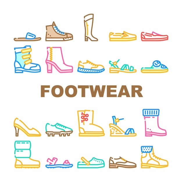 Calzado Iconos de moda y lujo Set Vector Moonwalkers y botas de goma Zapatillas y zapatillas Mocasines y sandalias Calzado para zapatos cómodos para caminar y correr Ilustraciones en color