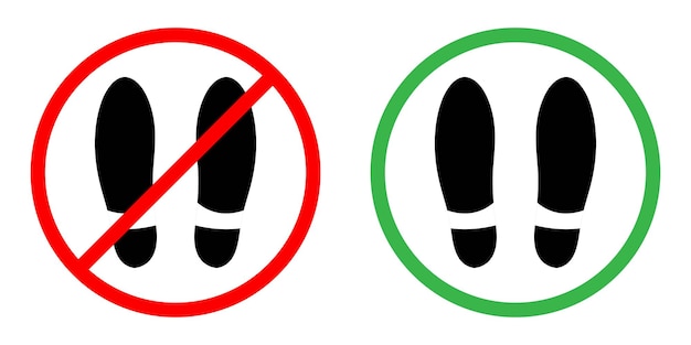 Calzado permitido y prohibido Símbolo del signo del círculo aislado Símbol del signo de advertencia del par de zapatos Sin zapatos