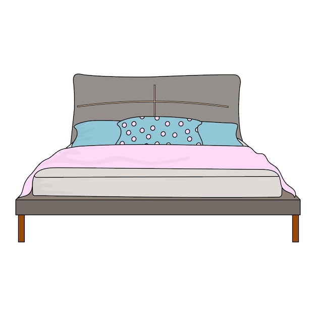 Vector una cama con una almohada azul, una manta y una sábana sobre una cama doble vectorial de fondo blanco