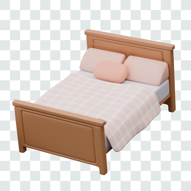 Cama doble con almohadas, sábanas y mantas Mobiliario de dormitorio de madera vista de arriba