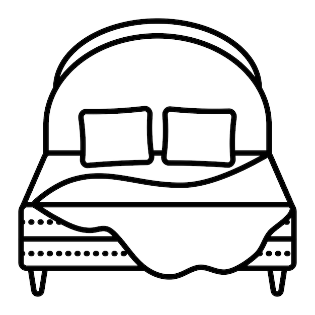 Cama doble con cabecera y dos almohadas y mantas de cama de lino de un solo vector señal de línea negra