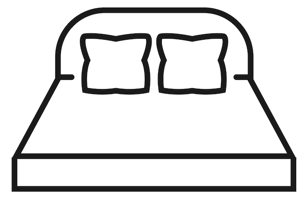 Cama doble con icono de línea de dos almohadas dormitorio familiar aislado sobre fondo blanco