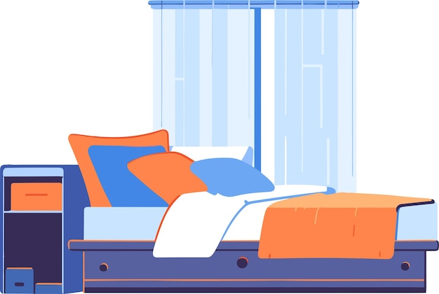 Cama y dormitorio dibujados a mano en estilo plano aislado en el fondo