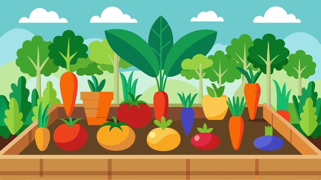 Vector una cama de jardín llena de varias verduras de colores como zanahorias, pimientos y calabazas, todas crecidas