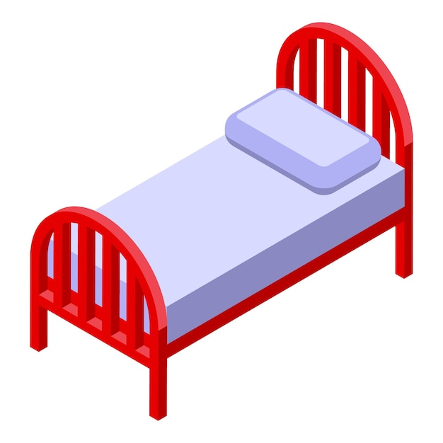 Cama roja isométrica con almohada y manta