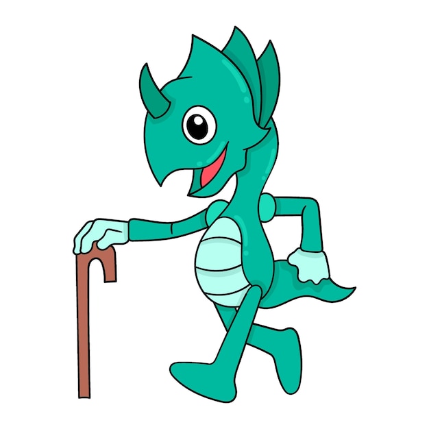Camaleón caminando usando bastón doodle icono imagen kawaii