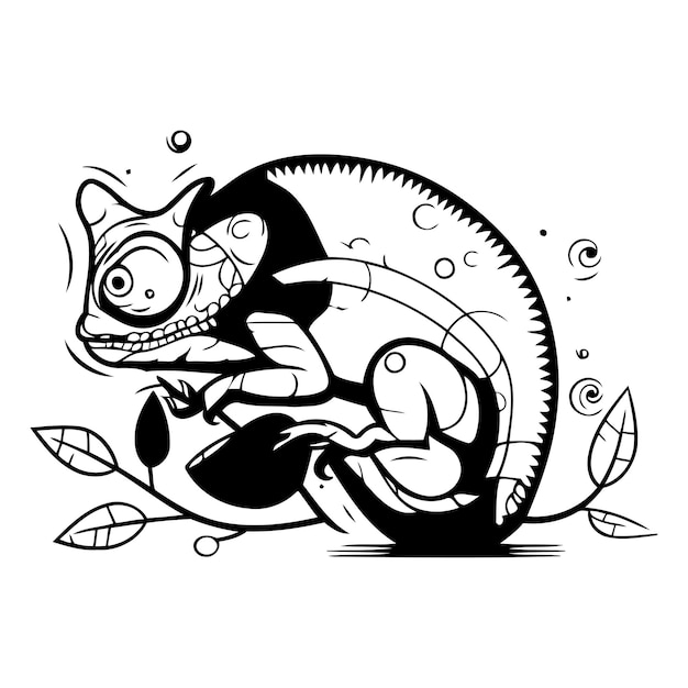 Camaleón de dibujos animados en una rama con hojas Ilustración vectorial