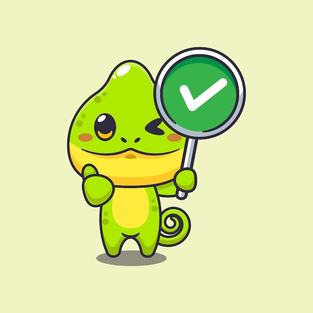 Camaleón con ilustración vectorial de dibujos animados de signos correctos