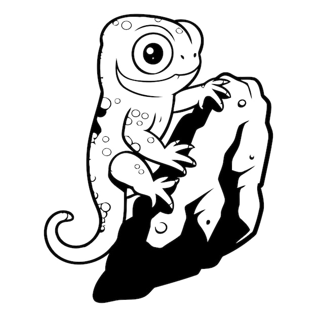 Camaleón verde de dibujos animados en una roca Ilustración vectorial
