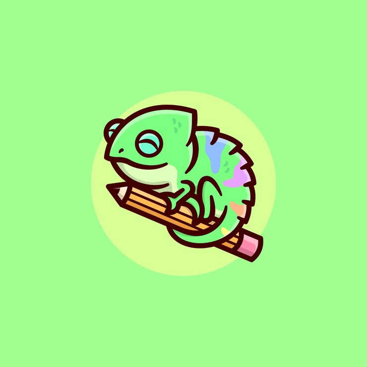 Vector camaleón verde sonriente sosteniendo un gran diseño de logotipo de dibujos animados de lápiz