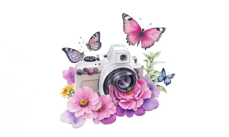 Cámara de acuarela y mariposa Cámara de fotos vintage con ramos de flores