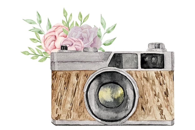 Vector cámara de acuarela vintage con flor rosa tierna ilustración dibujada a mano