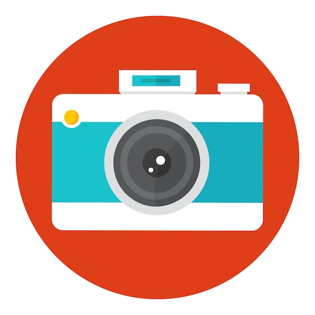 Cámara de fotos con lente y botón paparazzi equipo vector icono en círculo aislado en blanco