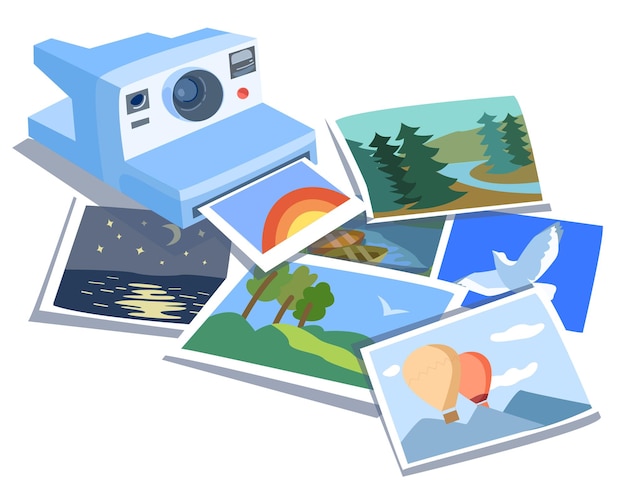 Vector cámara instantánea concepto cámara y fotografías del viaje paisajes globos árboles