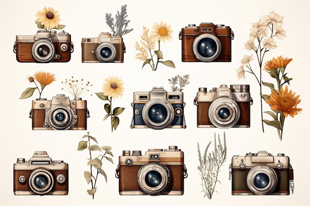 Cámara retro en flores y plantas Cámara fotográfica dibujada a mano Se puede usar como logotipo impreso para tarjetas