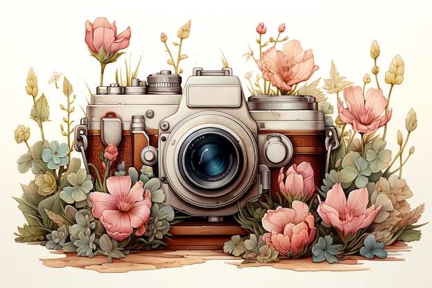 Cámara retro en flores y plantas Cámara fotográfica dibujada a mano Se puede usar como logotipo impreso para tarjetas