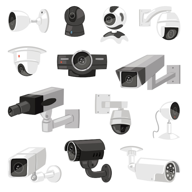 Cámara de seguridad CCTV control seguridad video tecnología tecnología sistema de protección conjunto de ilustración de privacidad equipo de guardia seguro cámara web dispositivo aislado sobre fondo blanco
