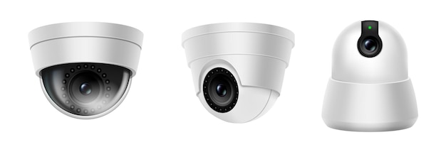 Cámara de seguridad digital o equipo de seguridad para el hogar espía cctv. Conjunto de cámara de domo realista aislado sobre fondo blanco. El control de seguridad y el concepto de protección contra el crimen. Ilustración vectorial 3d