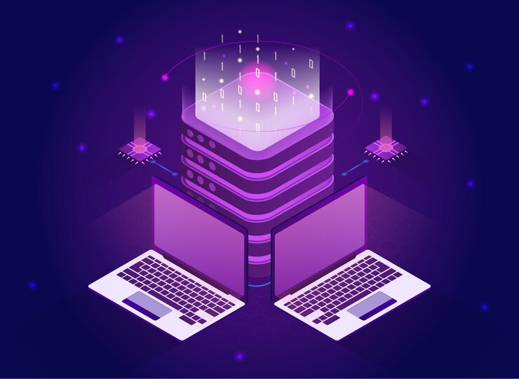 Vector cámara de servidores de computadoras cuánticas isométricas o supercomputadoras de cadena de bloques