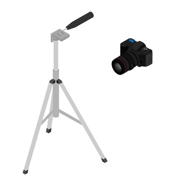 Cámara en un trípode aislado sobre un fondo blanco Cámara montada en trípode Visión isométrica Vector