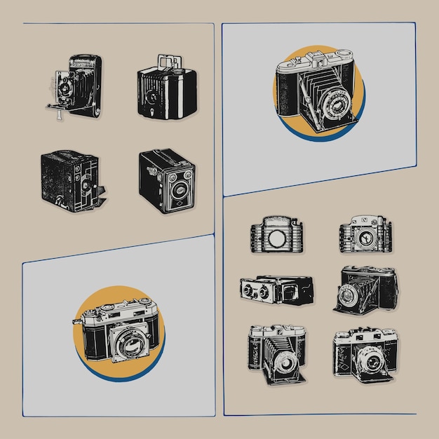Cámaras de película analógica fotografía foto retro logotipo vintage ilustración cartel diseño elemento vectorial