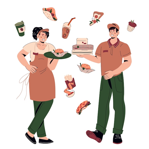 Camarera y personajes de dibujos animados de mensajería de entrega. Personal de restaurante o cafetería listo para servir y entregar comida a los clientes, ilustración vectorial plana de dibujos animados.