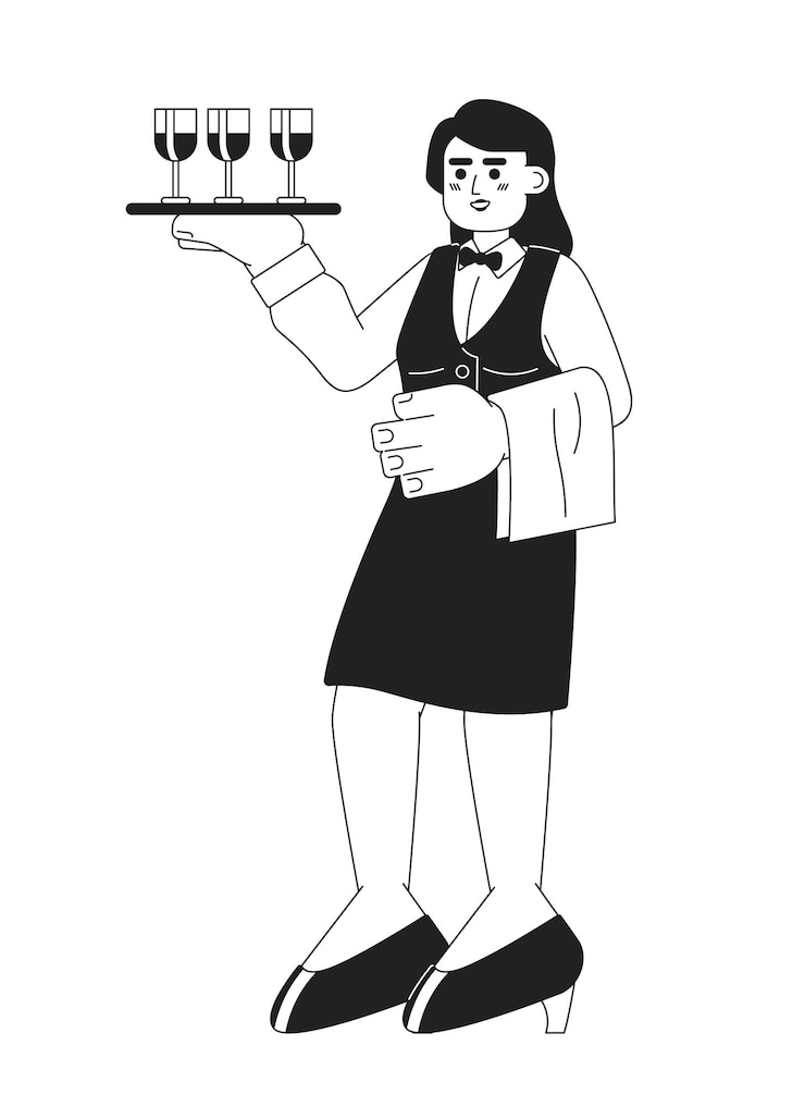 Vector camarera de restaurante ilustración plana de dibujos animados en blanco y negro anfitriona caucásica sirvienta que lleva bandeja copas de vino carácter lineal 2d aislado sirviente de catering imagen vectorial de escena monocromática