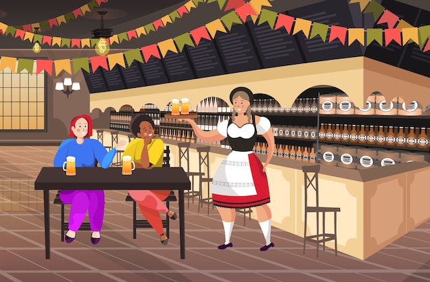 Camarera sirviendo cerveza para mezclar raza pareja en bar oktoberfest concepto de celebración de fiesta amigos sentados en la mesa hombre mujer divirtiéndose ilustración vectorial horizontal de longitud completa