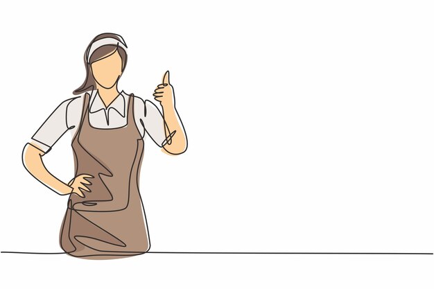 Camareras de hotel de dibujo de línea continua única en uniforme y gesto pulgar hacia arriba vector de diseño gráfico