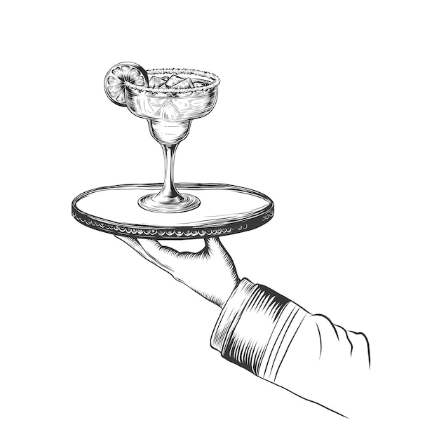 camarero con bandeja y bebidas alcohólicas dibujo grabado ilustración vectorial aislado en blanco