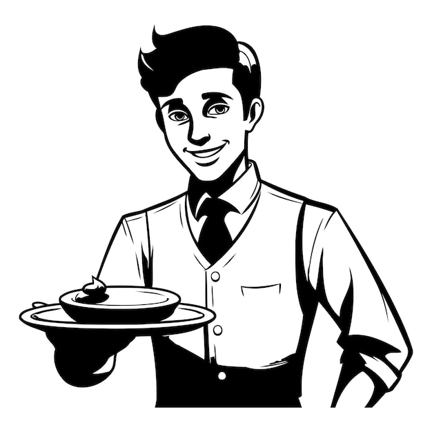 Camarero con una bandeja de comida Ilustración vectorial en blanco y negro