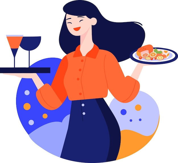 Camarero de comida feliz dibujado a mano en estilo plano aislado en el fondo