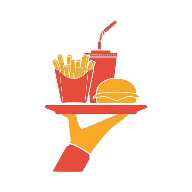 El camarero entrega la silueta de la comida Servicio en el café Hombre de comida rápida con una bandeja Pictograma de comida rápida Hamburguesa papas fritas Refresco Ilustración vectorial Diseño plano Comida para llevar