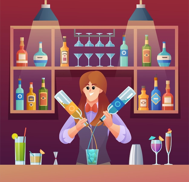 Camarero femenino mezclando bebidas en la ilustración del concepto de barra de bar