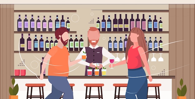 Vector camarero haciendo cócteles y sirviendo hombre mujer bebiendo alcohol en el mostrador de la barra estilo de vida poco saludable concepto de obesidad moderno pub interior horizontal horizontal retrato