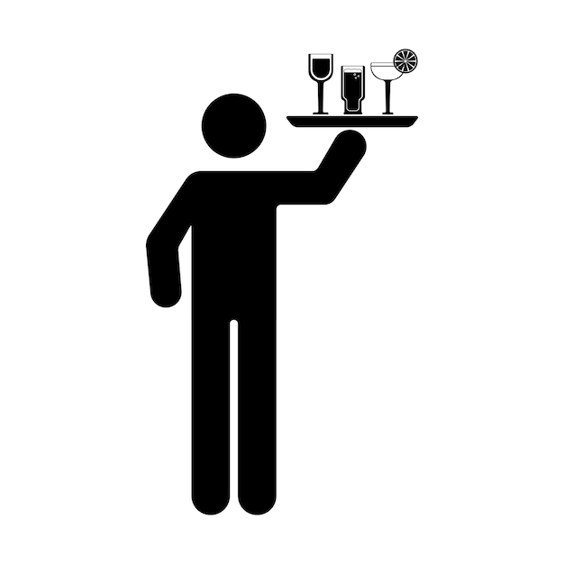 Camarero llevando una bandeja de bebidas Ilustración del icono del pictograma
