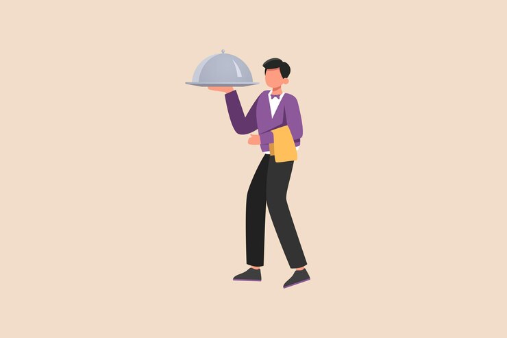 Vector camarero masculino joven sosteniendo cloche y bandeja en hotel y cafetería concepto de actividad del hotel ilustración de vector gráfico plano coloreado aislado