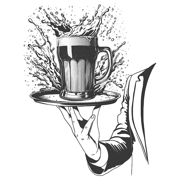 camarero o camarero sosteniendo una bandeja de servicio con un vaso de cerveza trabajador de un restaurante que lleva una bebida alcohólica